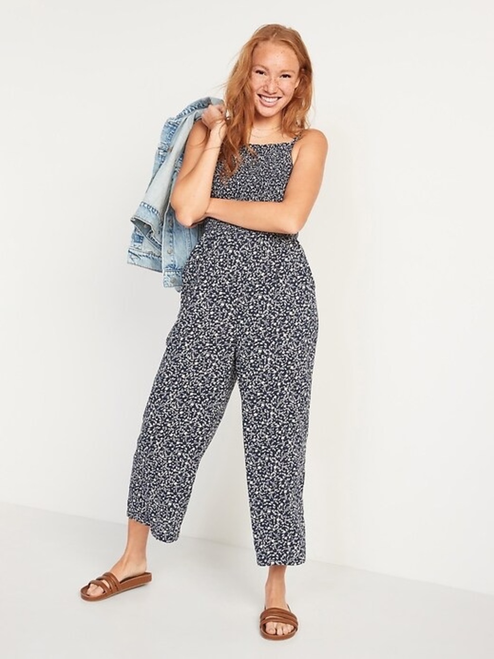 Smocked Navy Floral Jumpsuit